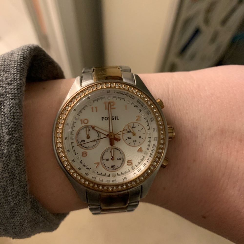 Silver and rose gold Fossil watch